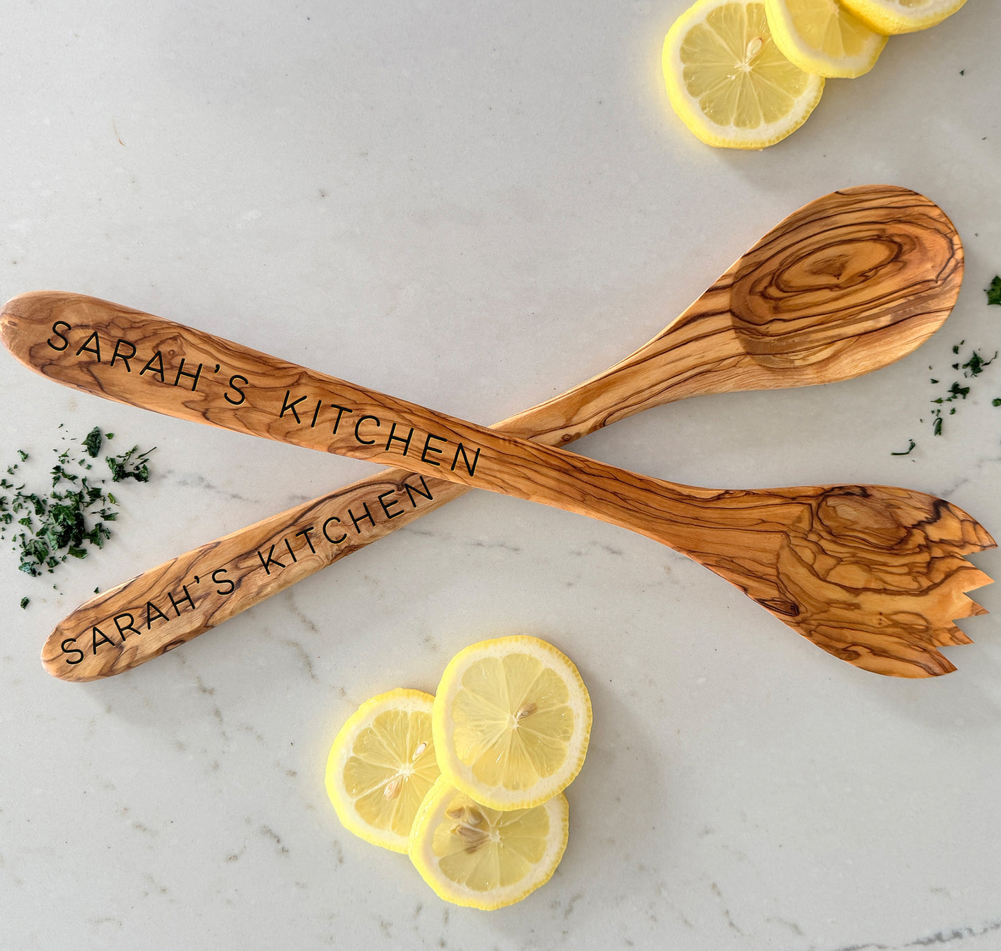 Personalized Olive Wood Salad Server Set - Custom Engraved Rustic Salad Server Set - New Home Kitchen - Anniversary Wedding Gift for Couple